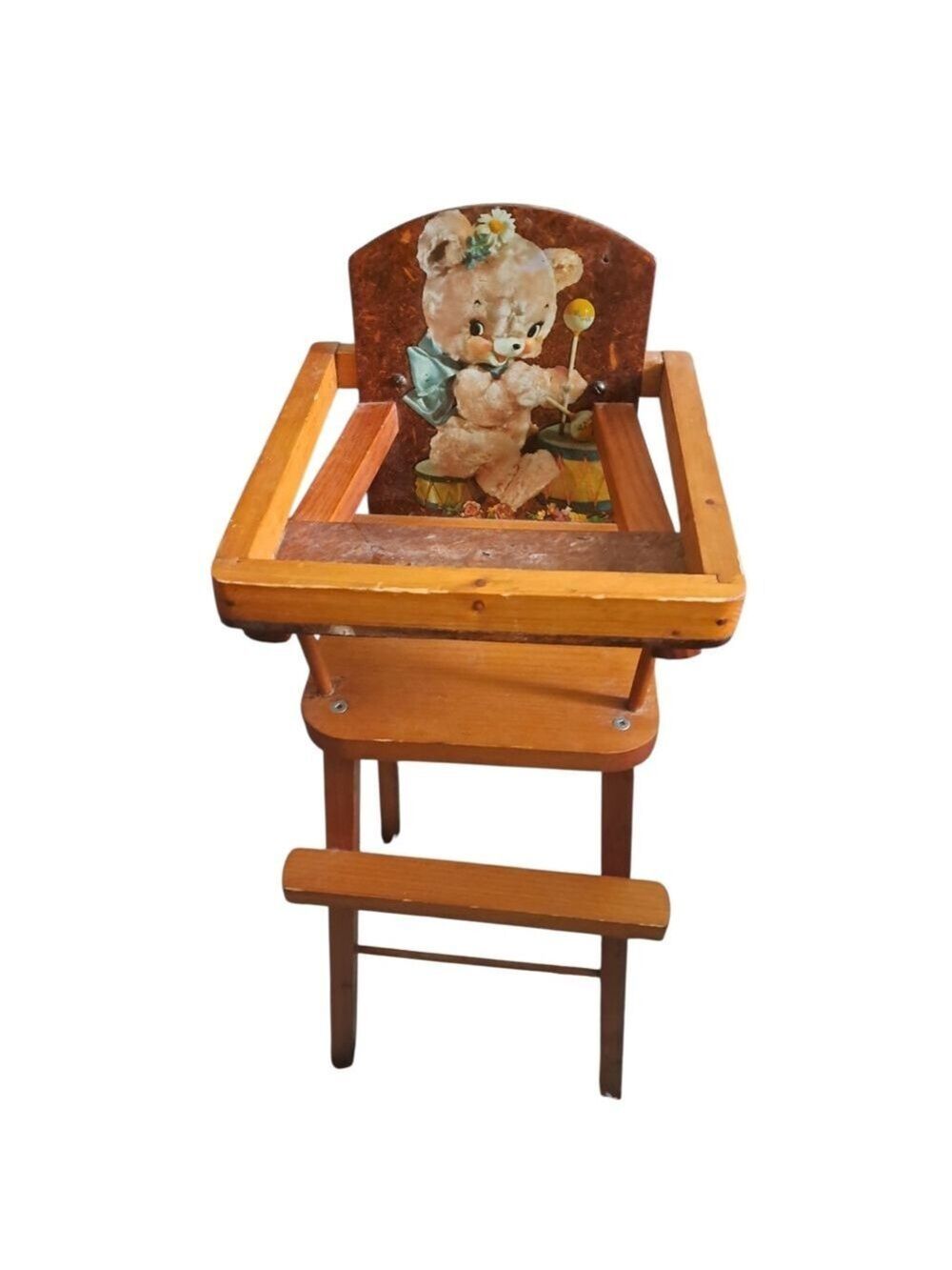 VTG DOLL Wooden High Chair lift up tray Antique toy baby bear child's play